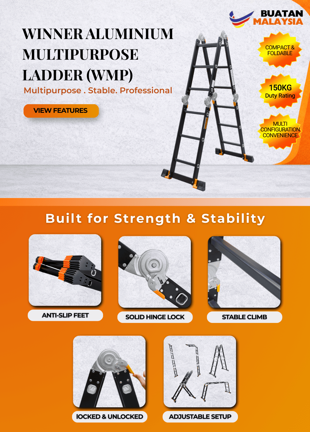 Winner Ladder Aluminium Multipurpose Ladder 20 Step (5.7M), 16 Step (4 ...