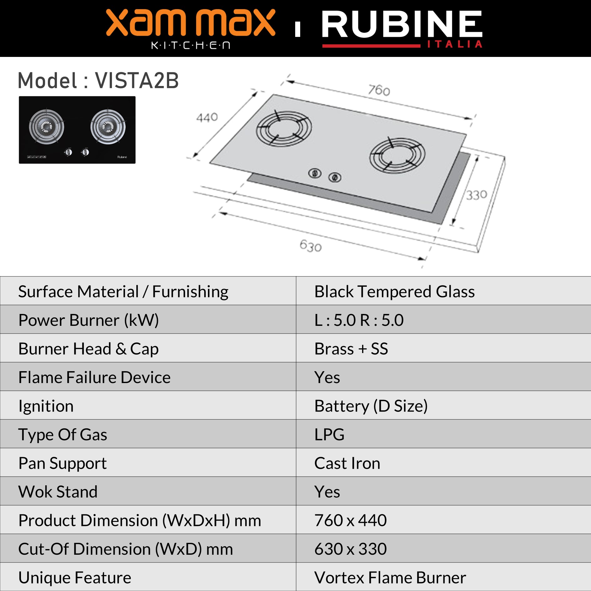 (FAST SHIP) XAMMAX Rubine RGH-VISTA2B-BL Built-In Gas Hob 2 Burner 5 ...