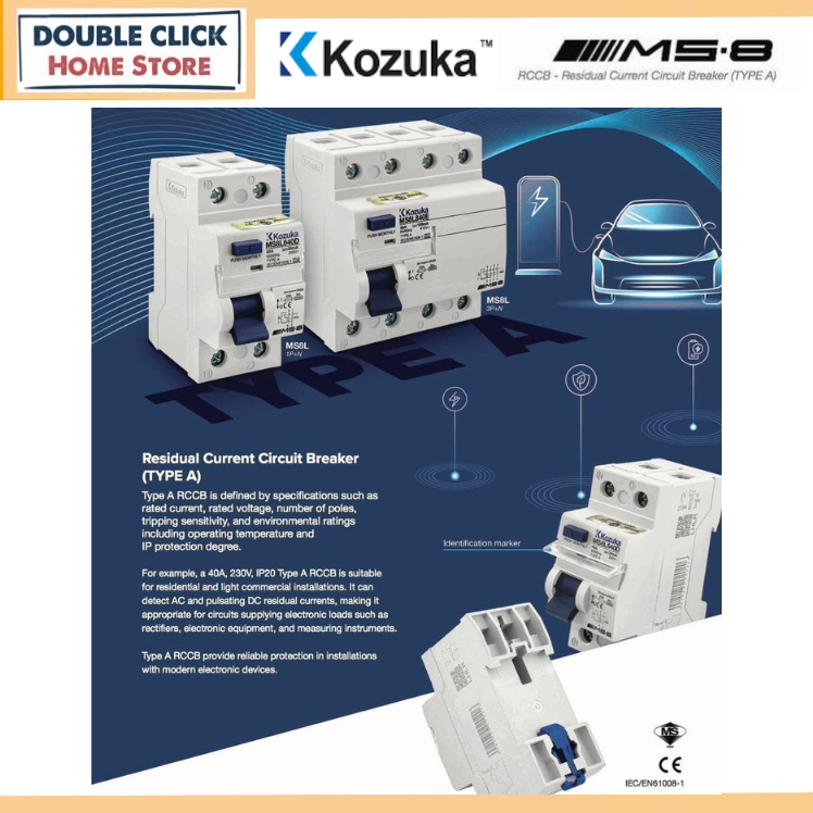 Kozuka Type A RCCB ELCB for EV Charger 40A 30mA 2Pole 4Pole (Sirim ...