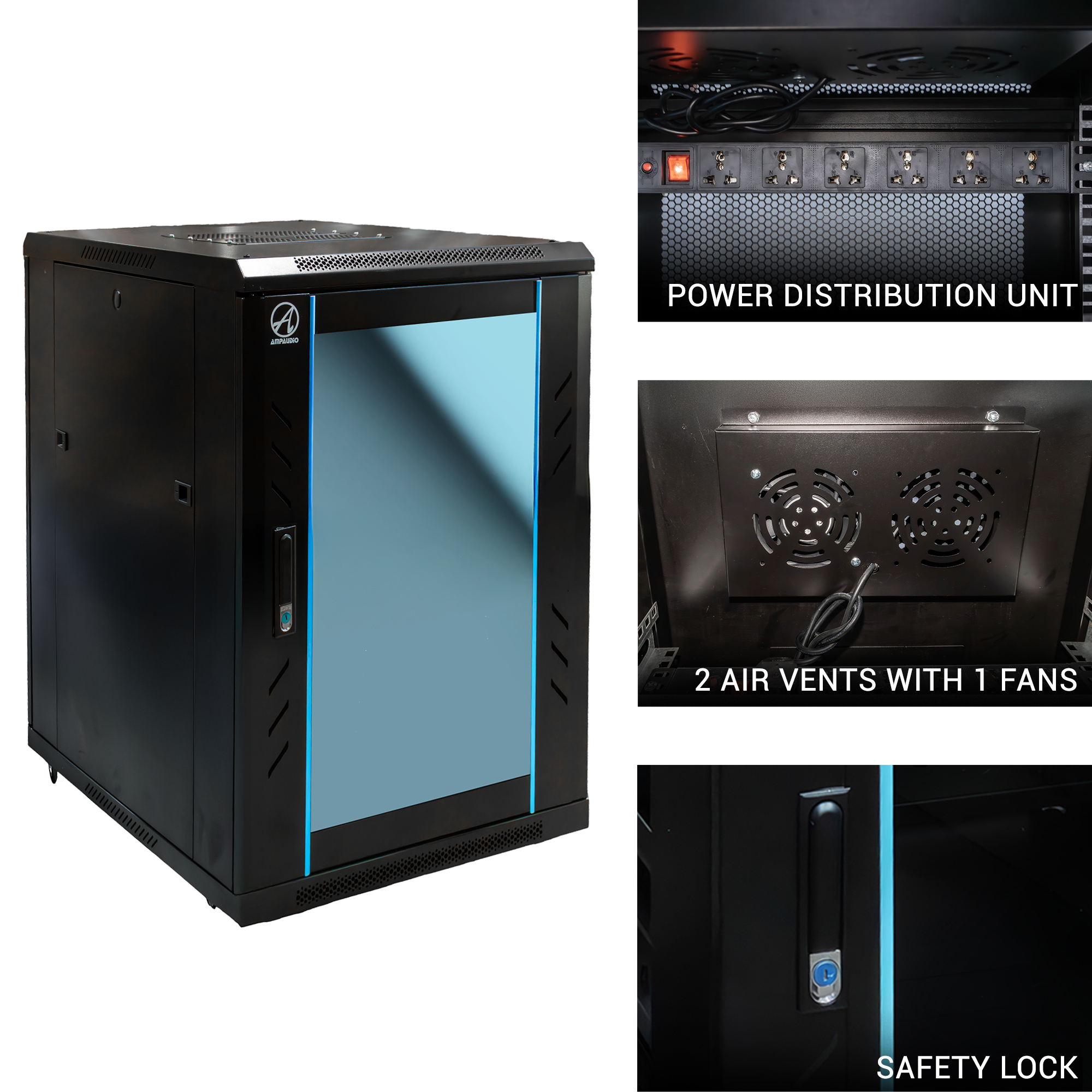 AmpAudio 18U Server Rack Cabinet Glass Door with PDU & Free Tray ...