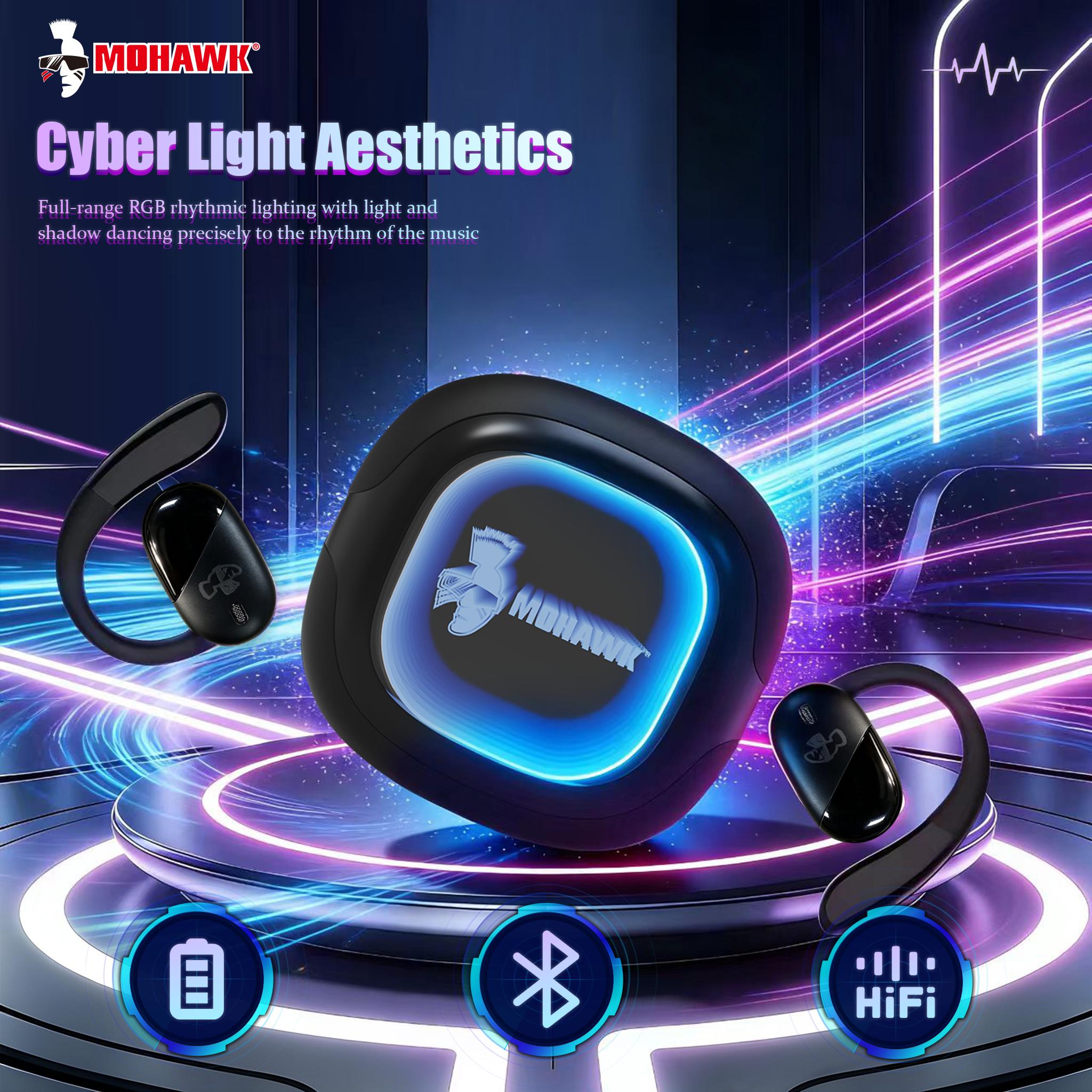 Mohawk Cyber Light Open-Ear Earbuds Bluetooth 5.4 RGB Light HiFi Sound ...