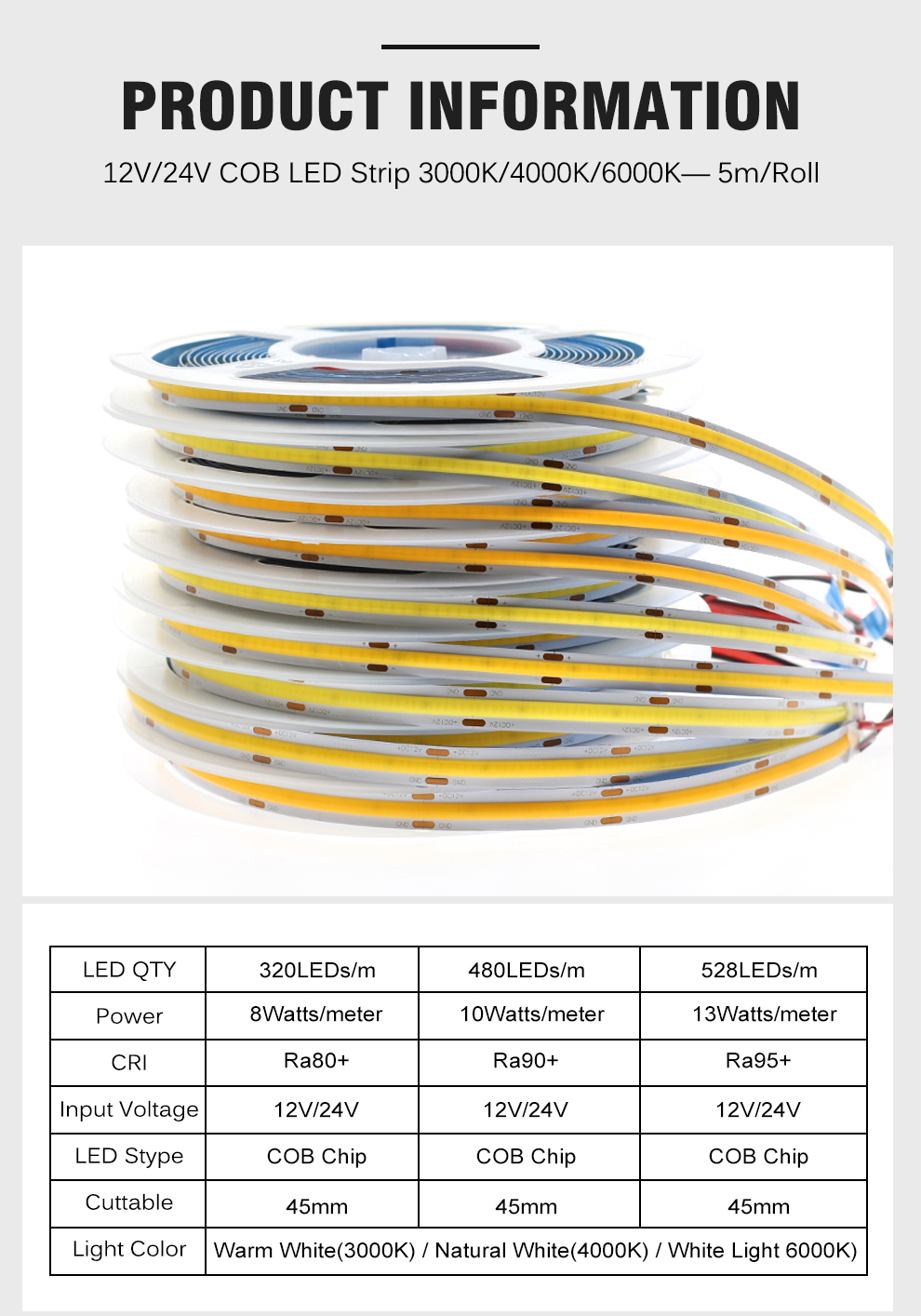 DC12V 24V COB LED Strip Light 320 480 528 LEDs High Density Super ...