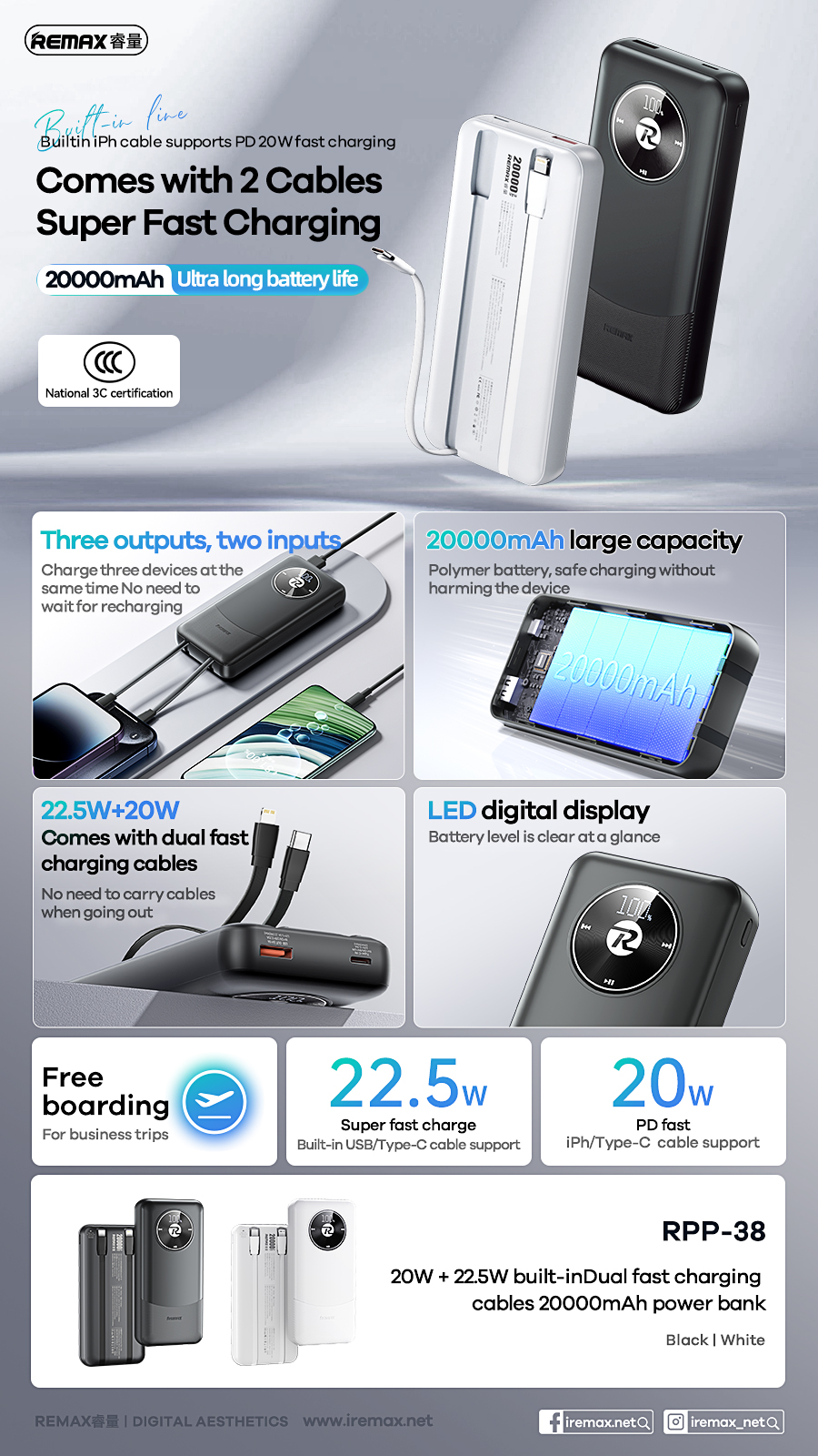 REMAX RPP-37 10000mAh RPP-38 20000mAh Power Bank PD+QC Built In Cable ...