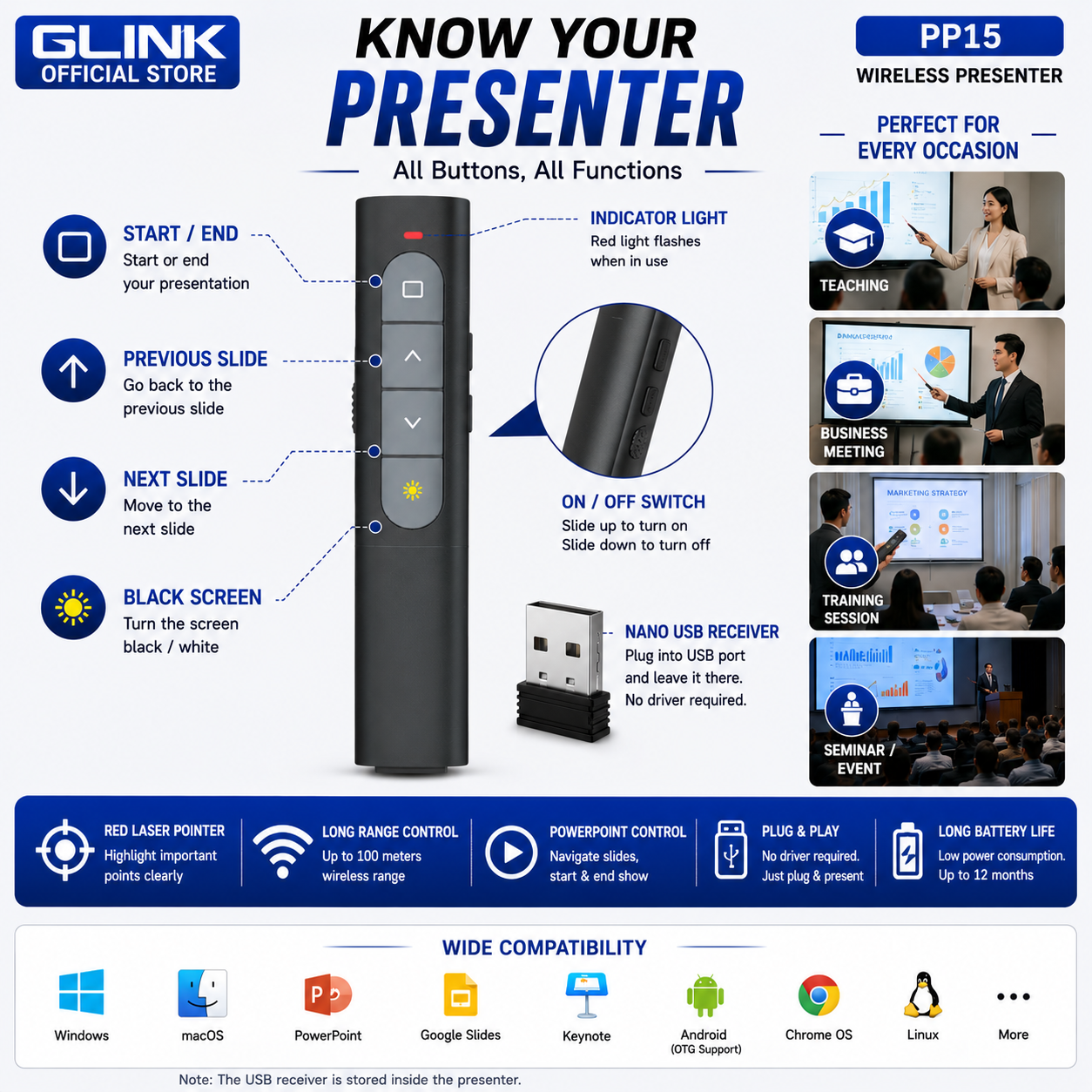 GLINK PP15 Wireless Presenter Red Laser Pointer Presentation Remote for ...