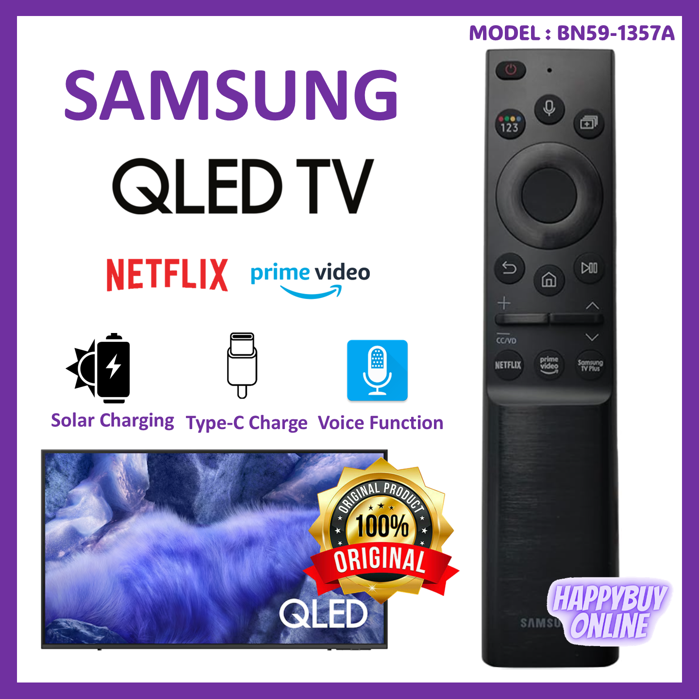 SAMSUNG QLED Original Type C Charge TV Remote Control BN59-01357A Solar ...