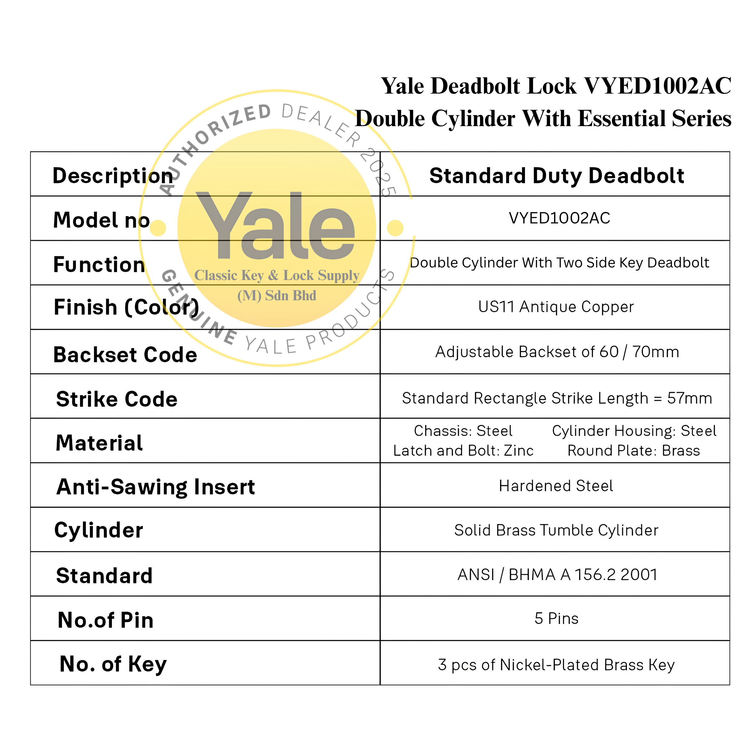 Yale Essential VYED-1002AC Double Cylinder Deadbolt Door Lock Antique ...