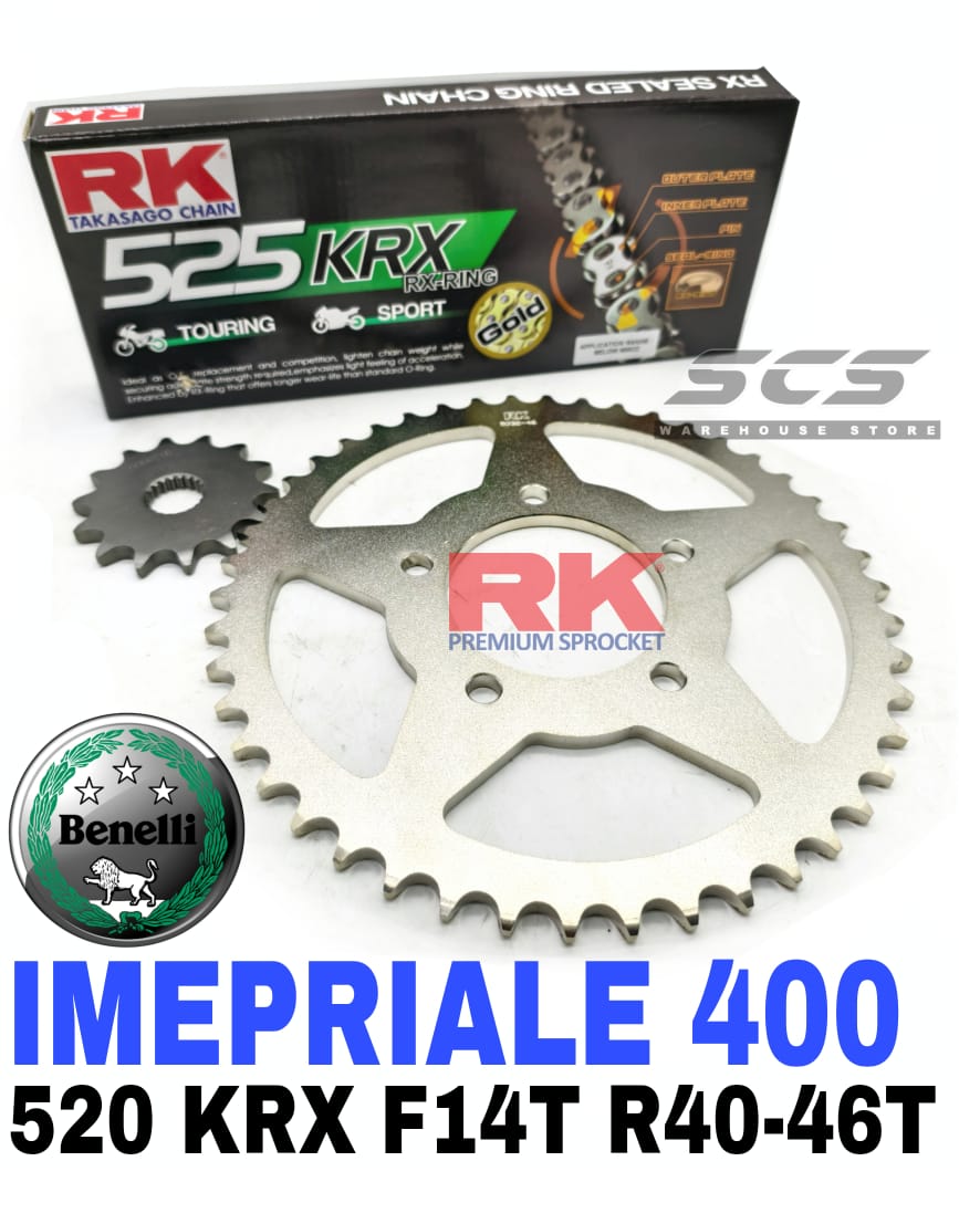 RK Sprocket Set Benelli IMPERIALE 400 KRX X-Ring Black Gold Chain ...