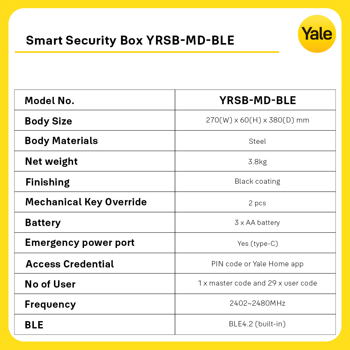 Yale Smart Security Box YRSB-MD-BLE - Bluetooth / Yale Home / PIN code ...