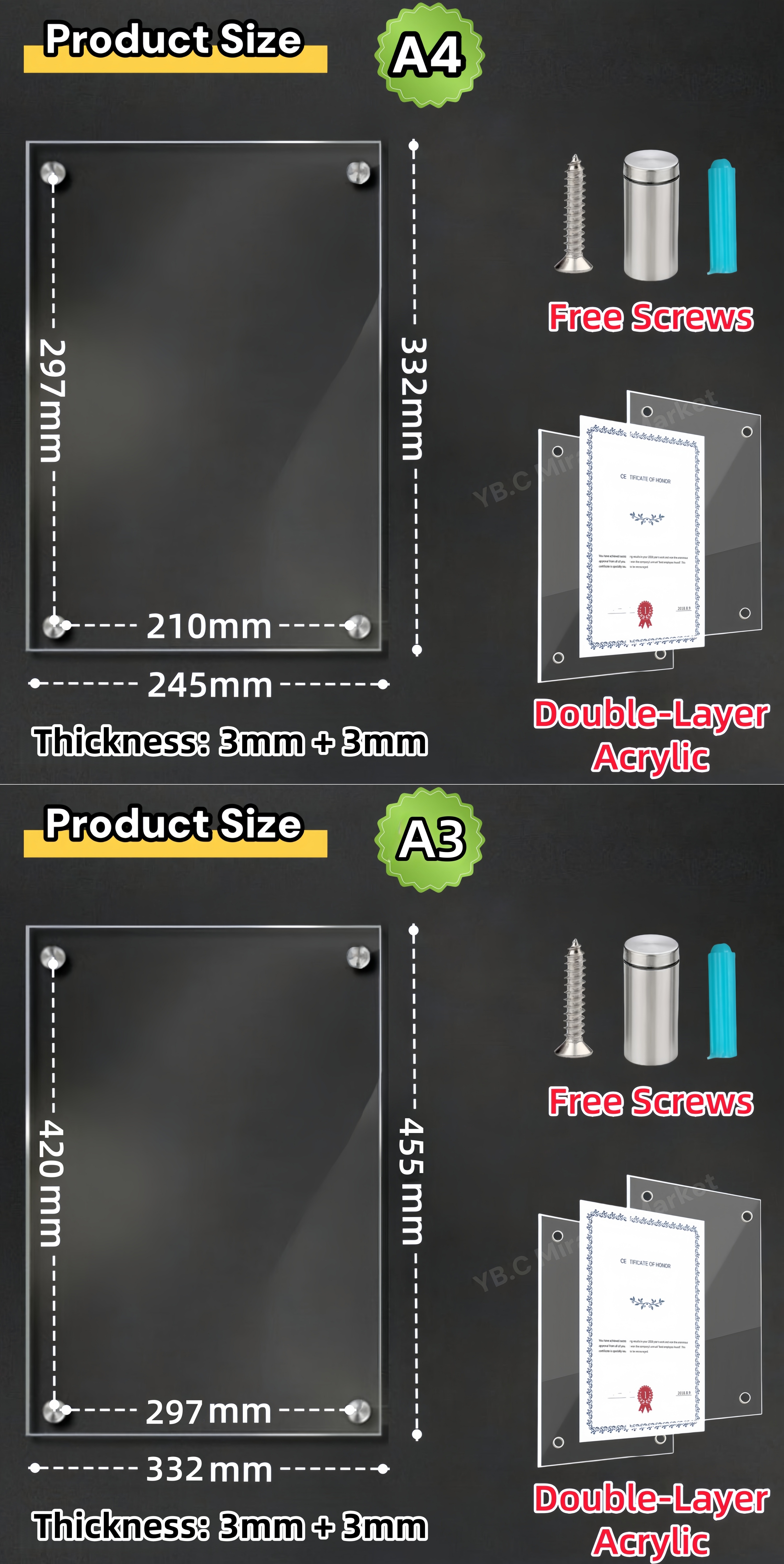 A4 A3 Acrylic Wall Mount Frame Clear Photo Frame Double Layer ...