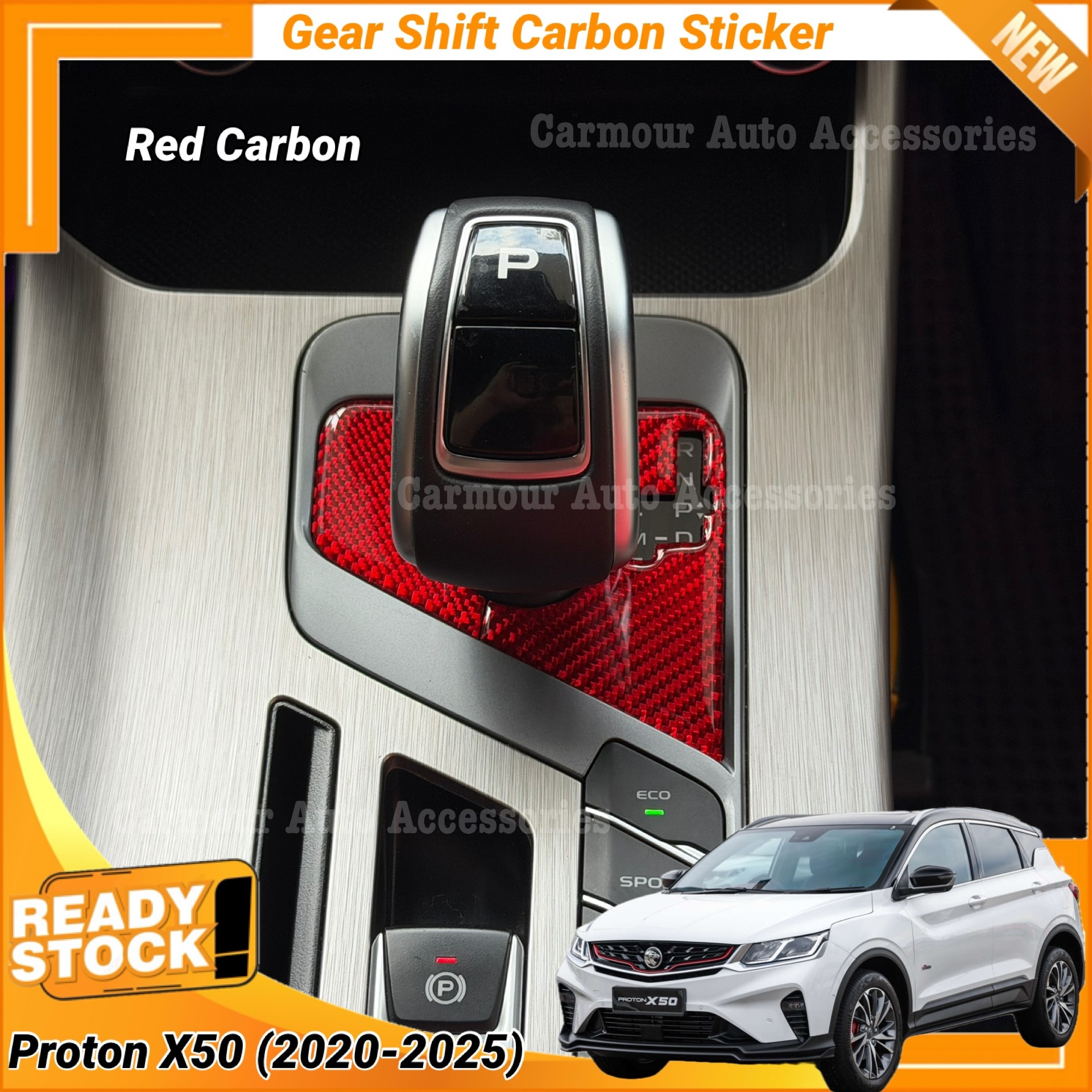 Proton X50 Gear Shift Frame Sticker Semi-Soft Black Red Real Carbon ...
