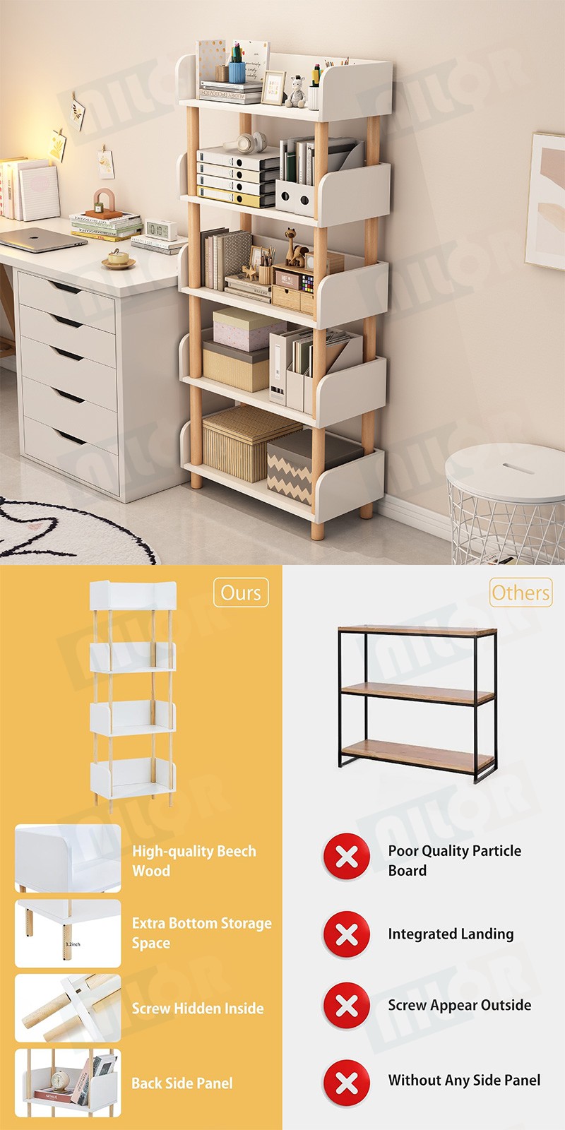 5 Tier Multipurpose Bookshelf Office File Storage Rack White Decorative ...