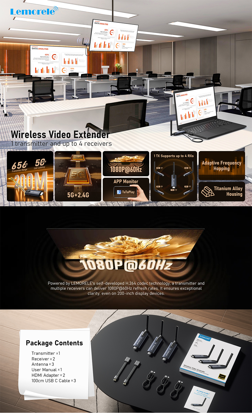 Lemorele R1010 HDMI Wireless Transmitter Receiver Video Expander 1080P ...