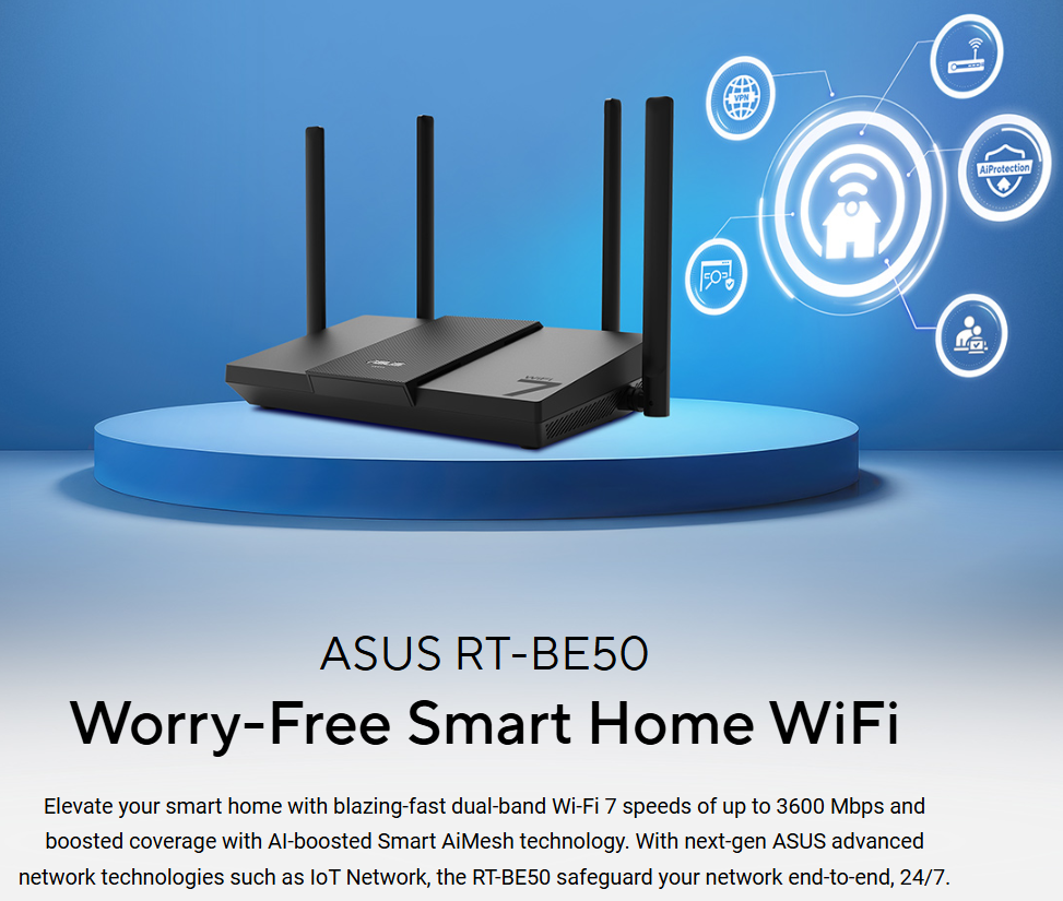 ASUS RT-BE50 WiFi 7 Router | 3600 Mbps Speed | Covers Up to 2,000 sq.ft ...