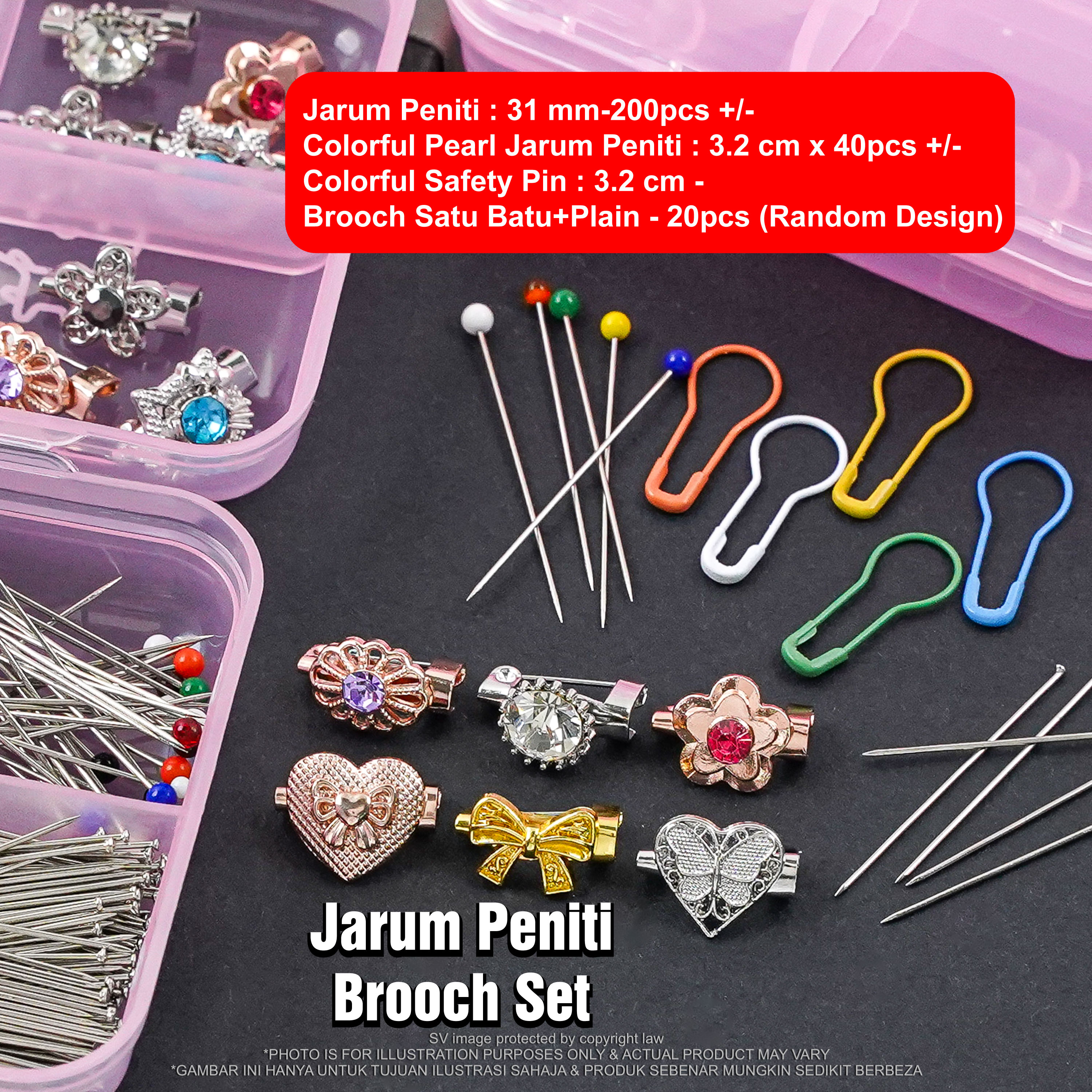 SV Travel Set 20pcs Brooch Diamond 200pcs Pin Peniti Free Box Pink Cute ...