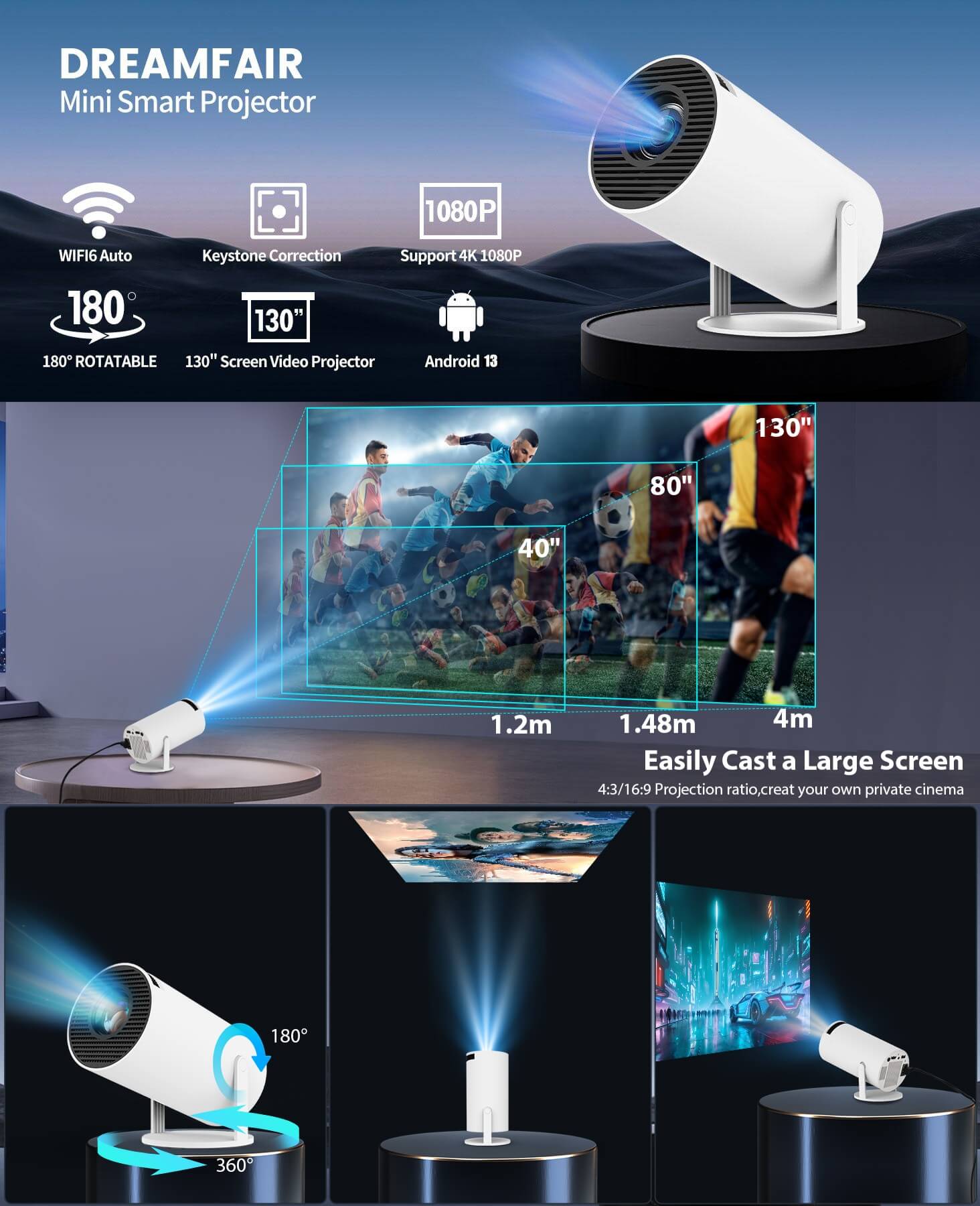 Mini Projector HY300 Pro Portable Adjustable l Android 13 Version l HD ...