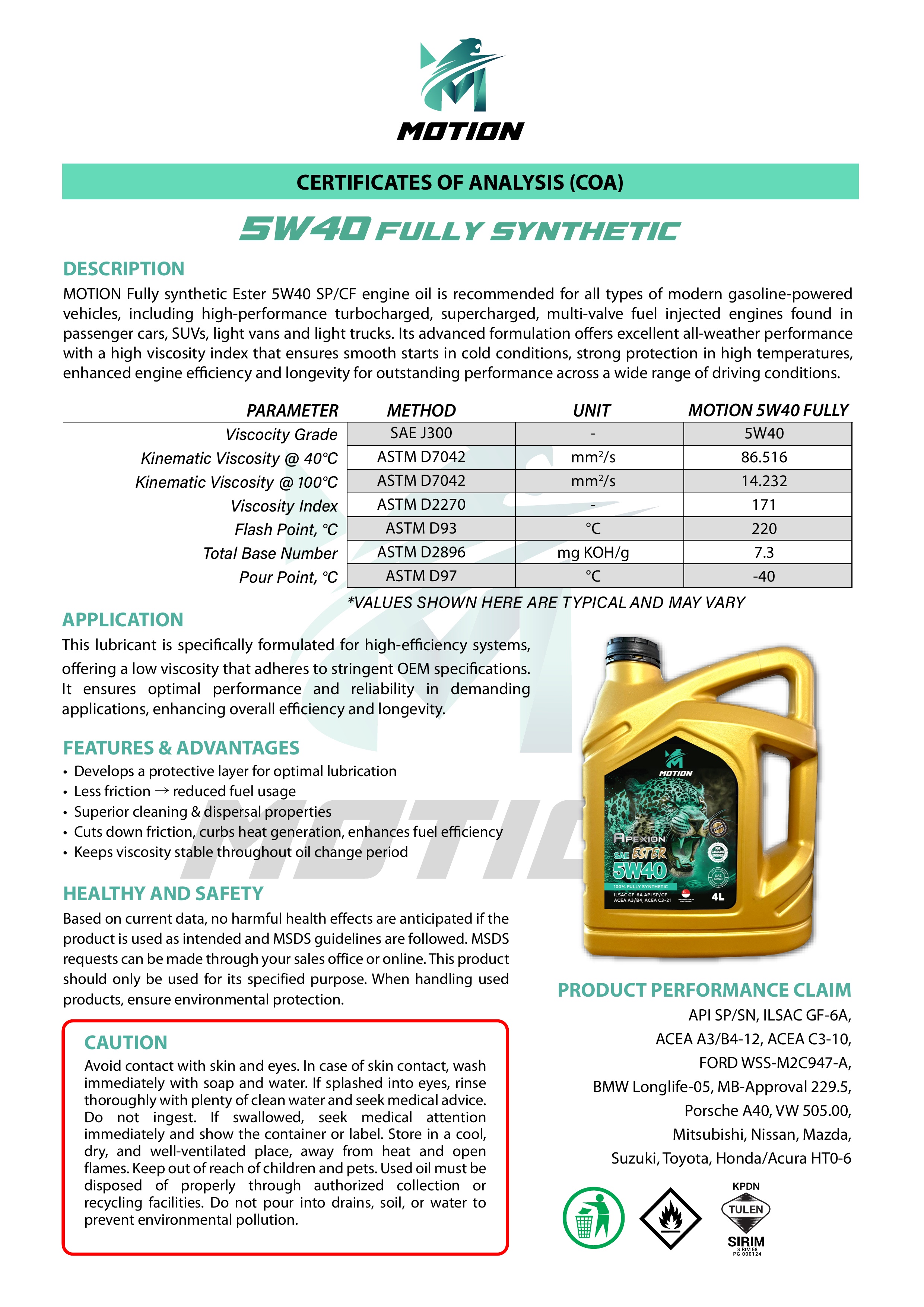 MOTION Ester Apexion API SP Fully-Synthetic Engine Oil (4L/5W40 ...