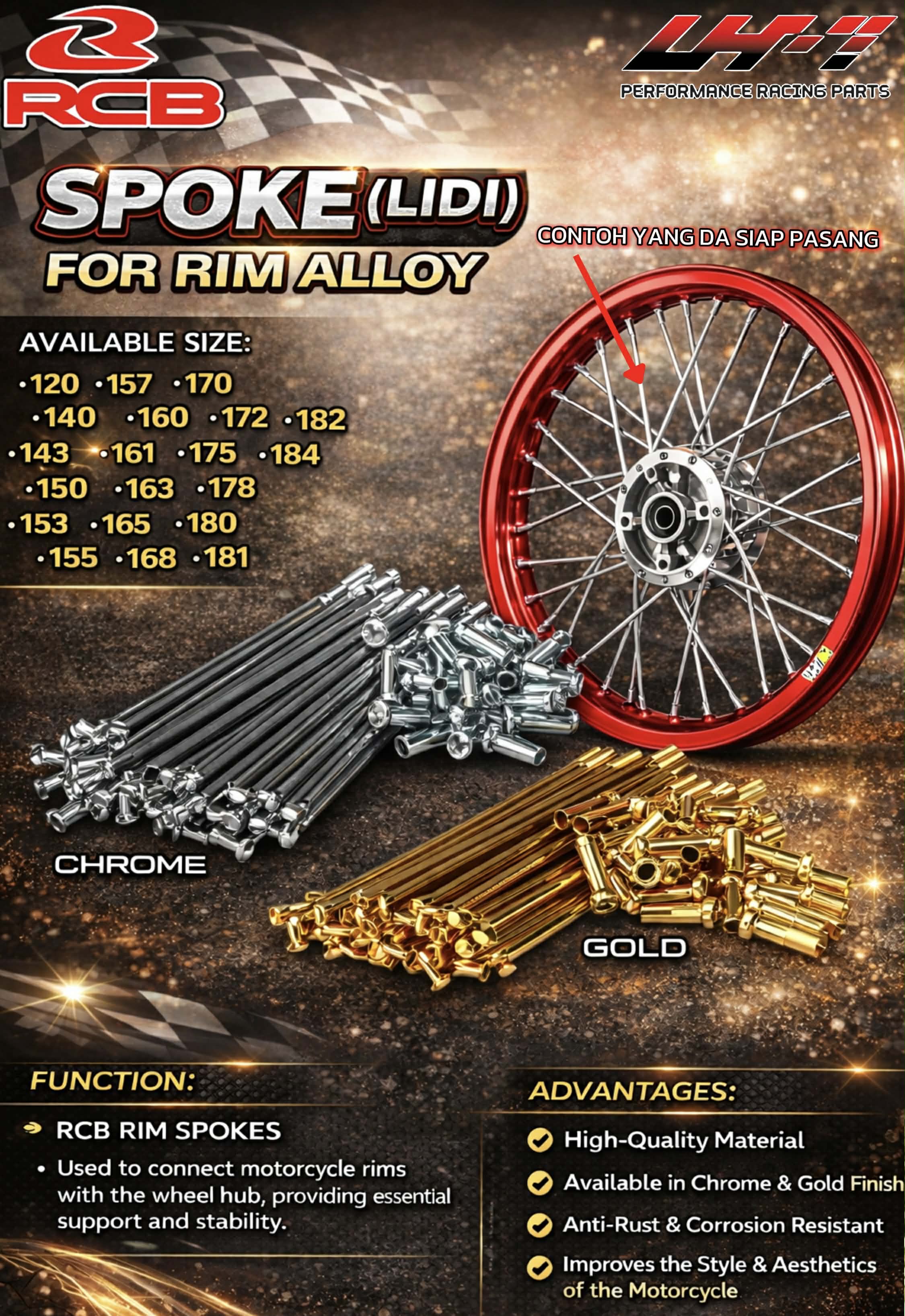 RCB Lidi Rim spoke ranting Gold Chrome Pelbagai Saiz 184X9 157X9 140X9 ...