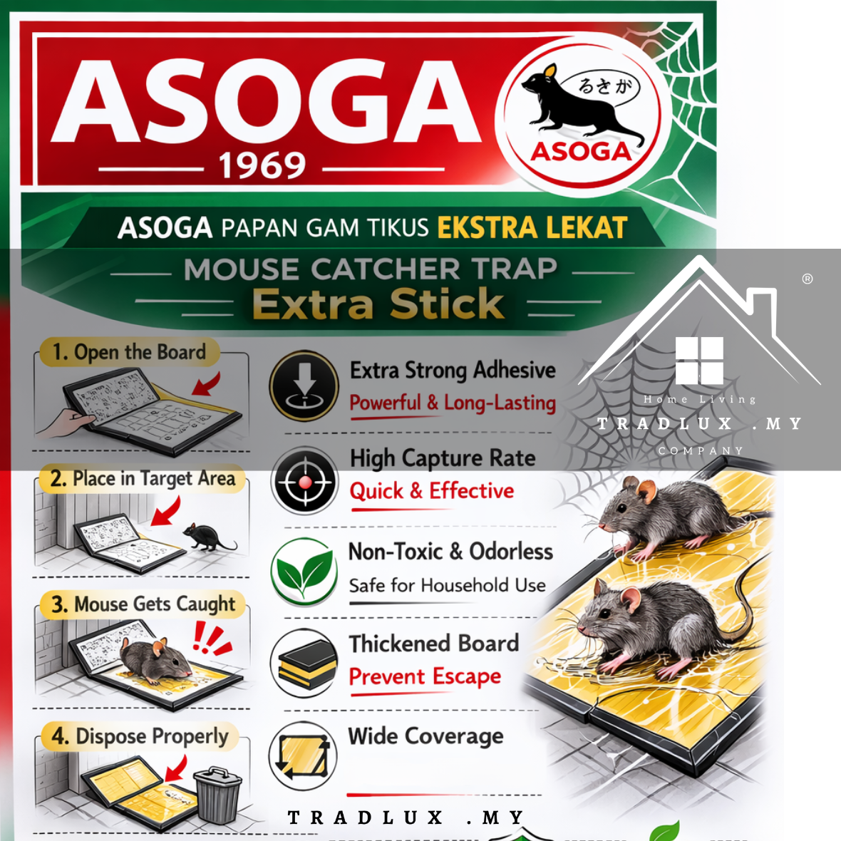 ASOGA Mouse Catcher Trap Super Glue Rat with Extra Stick /Papan Tikus ...
