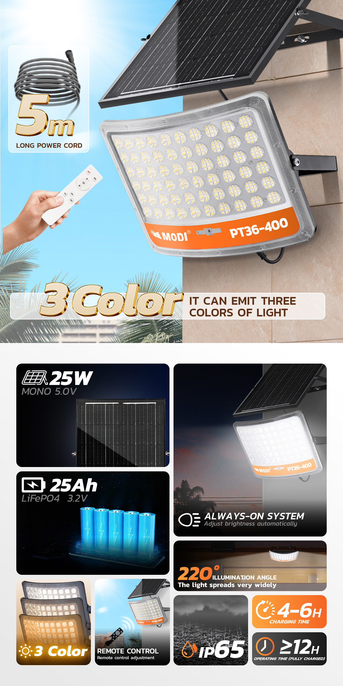 MODI lampu Solar Spotlight 40W 60W 100W 200W 300W 400W 3 lighting modes ...