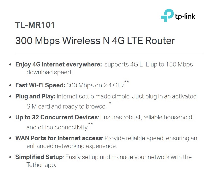 TP-LINK UNLIMITED TL-MR101 SIM CARD ROUTER 300 Mbps Wireless N 4G LTE ...