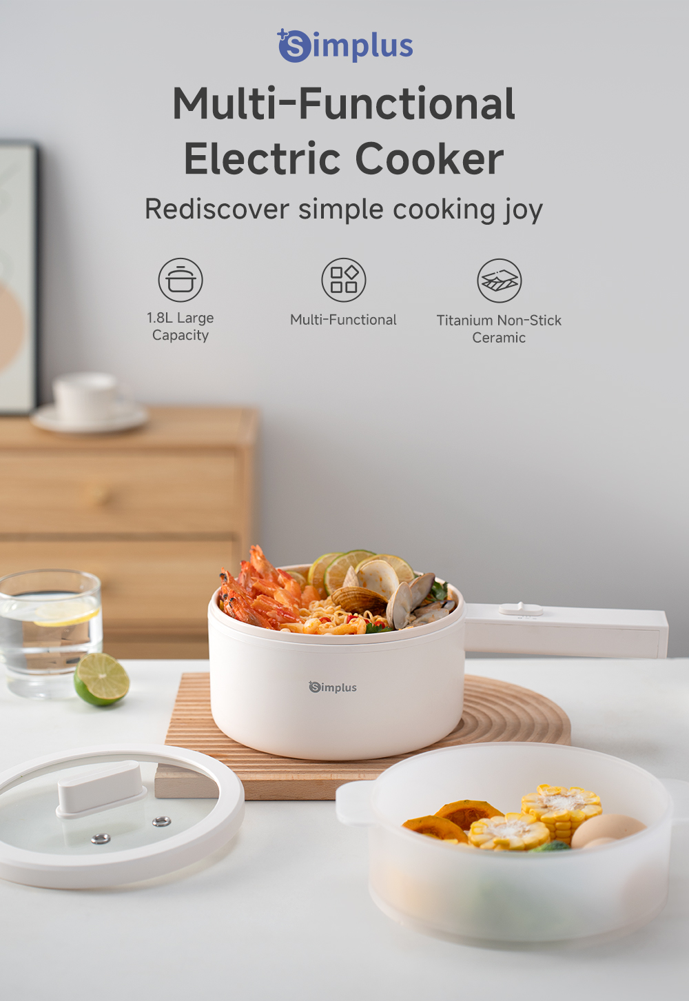 Simplus 1.8L Electric Cooker丨600W Multi-Functional Cooking丨Long Handle丨 ...