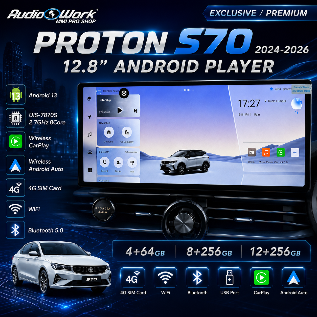 AudioWork Proton S70 2024-2026 12.8Inch Exclusive/Premiun Android 13 ...