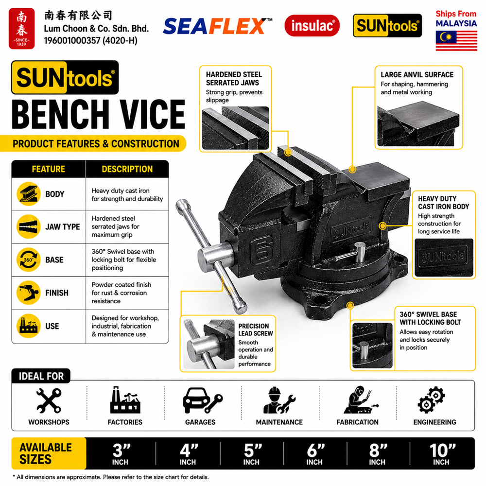 SUNtools Heavy Duty Bench Vice Swivel Base Cast Iron Workshop Engineer ...