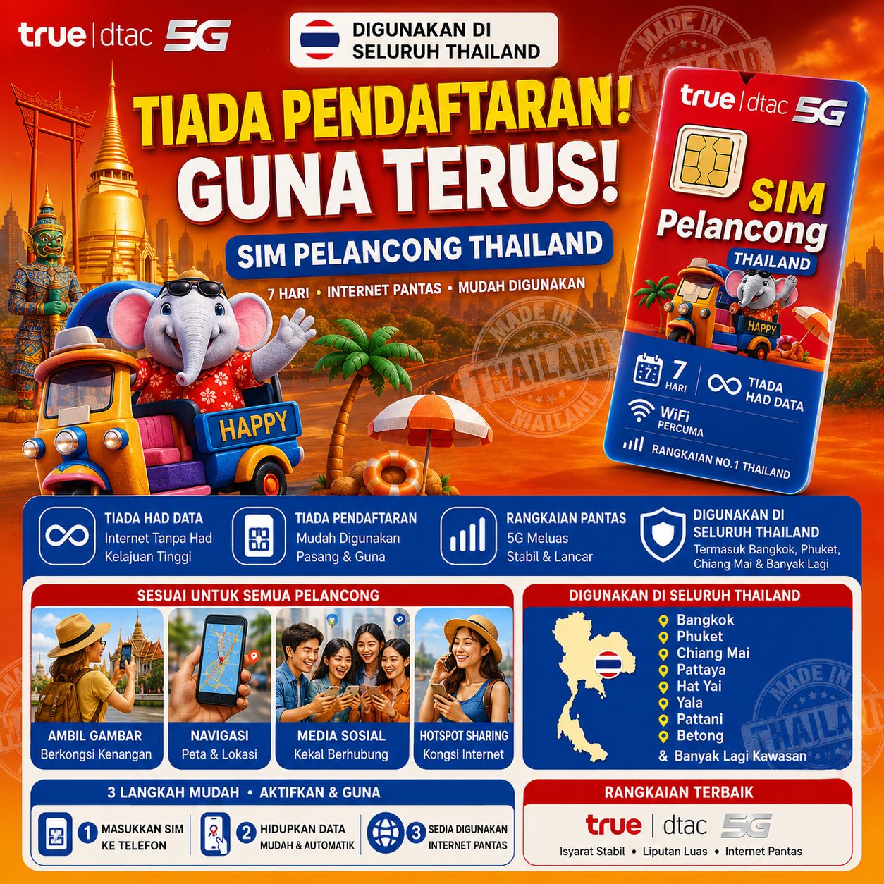 (Speed Up To 100mbps)Thailand Ais/Dtac/True Move 1/5/7days Unlimited ...
