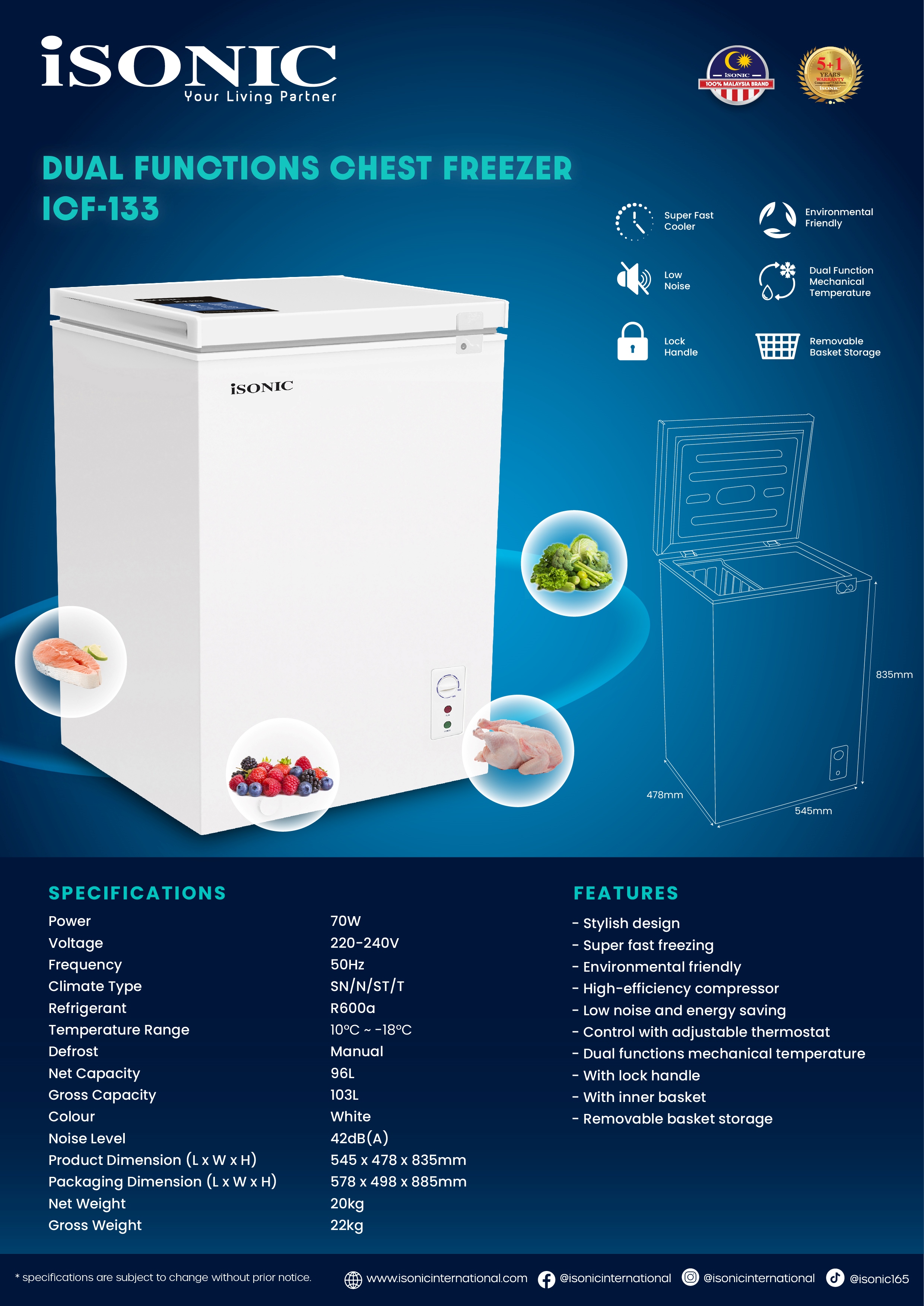 Isonic Dual Function Chest Freezer (90L/103L) ICF-W92 / ICF-133 ...