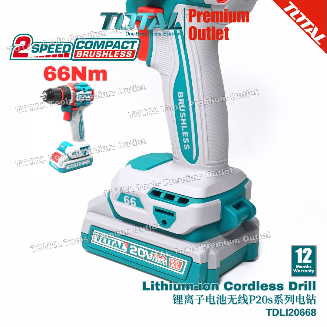 TOTAL Tools 20V series 66Nm Compact Brushless Cordless Drill (Full set ...