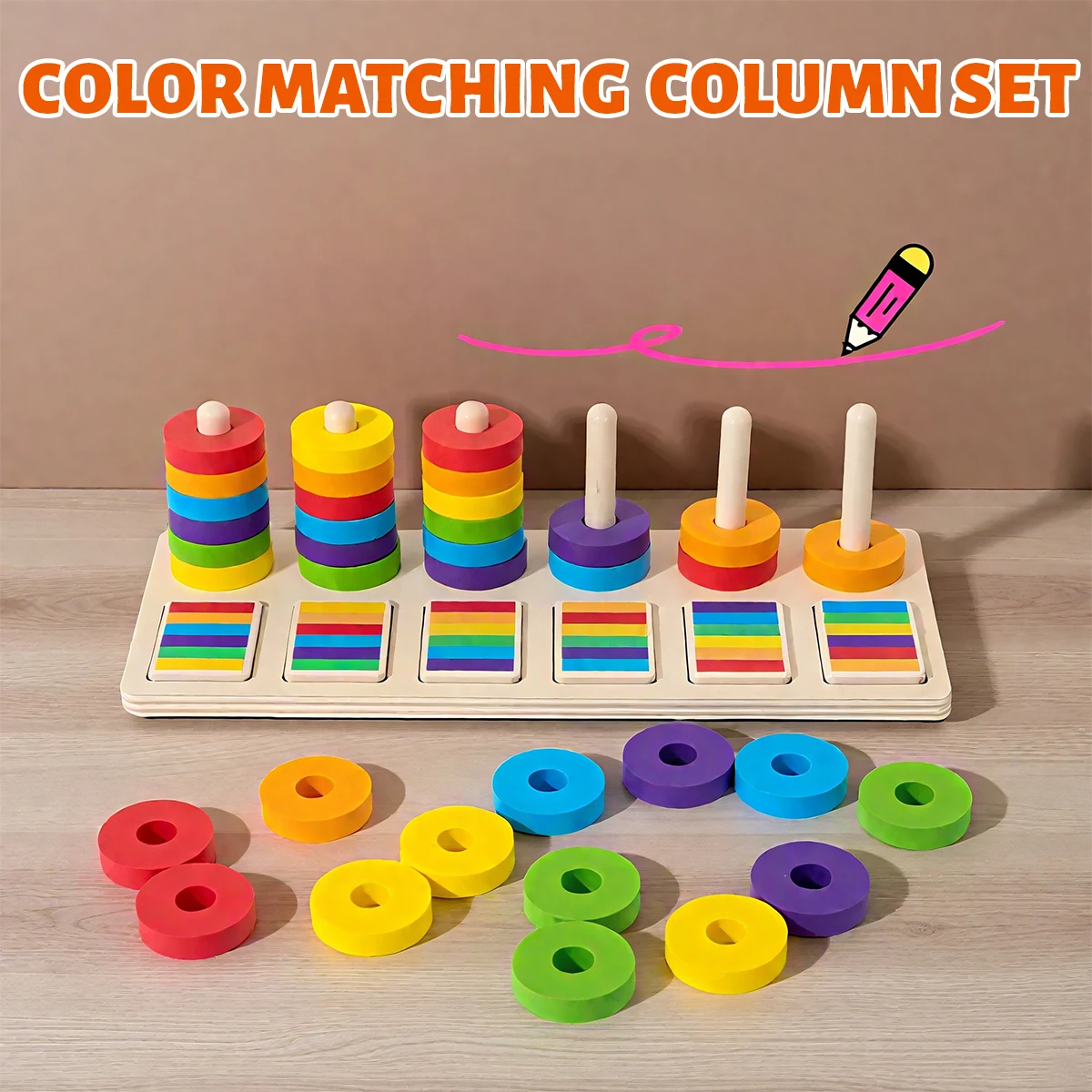 Wooden Color Matching Game, Set Pillar Pairing Toy, Color Recognition ...