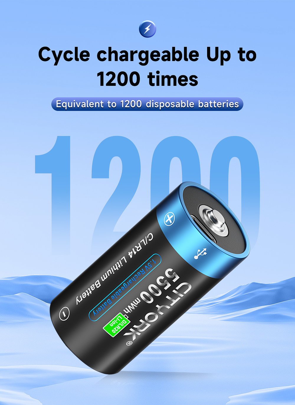 CITYORK R14 Size C 5500mWh 1.5V USB Rechargeable Lithium Battery（Type-C ...