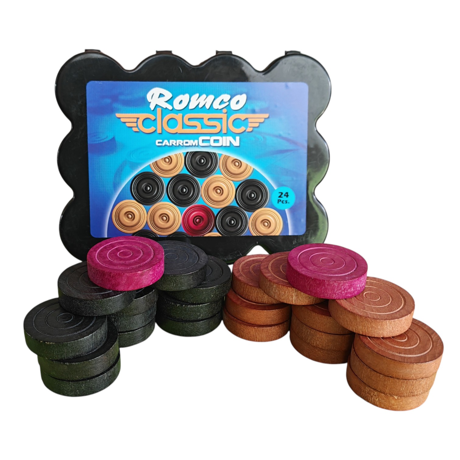 Romco Classic Carrom Men with Box / Buah Karom / Carrom Seed / Wooden ...