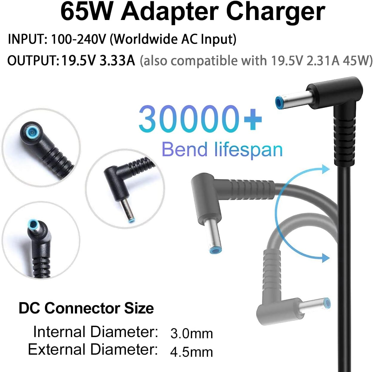 Caricabatterie 65W Per Laptop HP – Punta Blu 4.5x3.0mm, Compatibile Con Stream, Pavilion, Chromebook, Spectre E ProBook