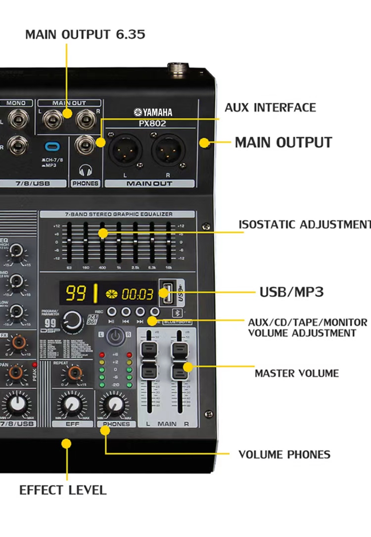 Yamaha PX802 Mixer 8-channel mini mixer with 99 DSP reverb effects for ...