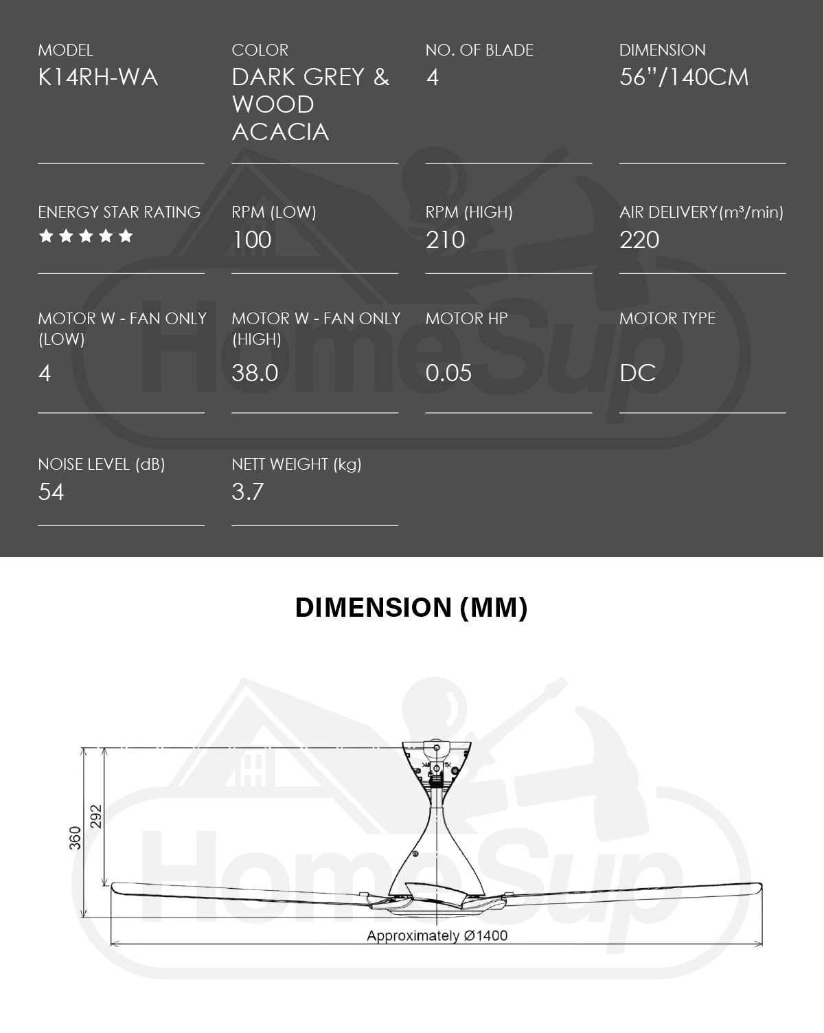 KDK K14rh-wa Ceiling Fan – 56 Inch, Dc Motor, Dark Grey & Wood Acacia ...