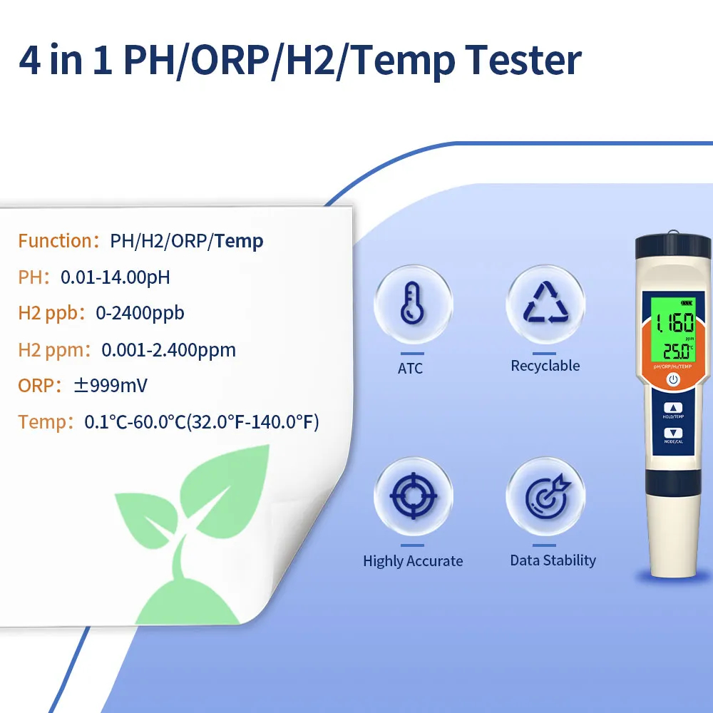 (Upgraded) H2 Meter Hydrogen Water Tester, 4 in 1 pH/H2/ORP Temp Meter ...