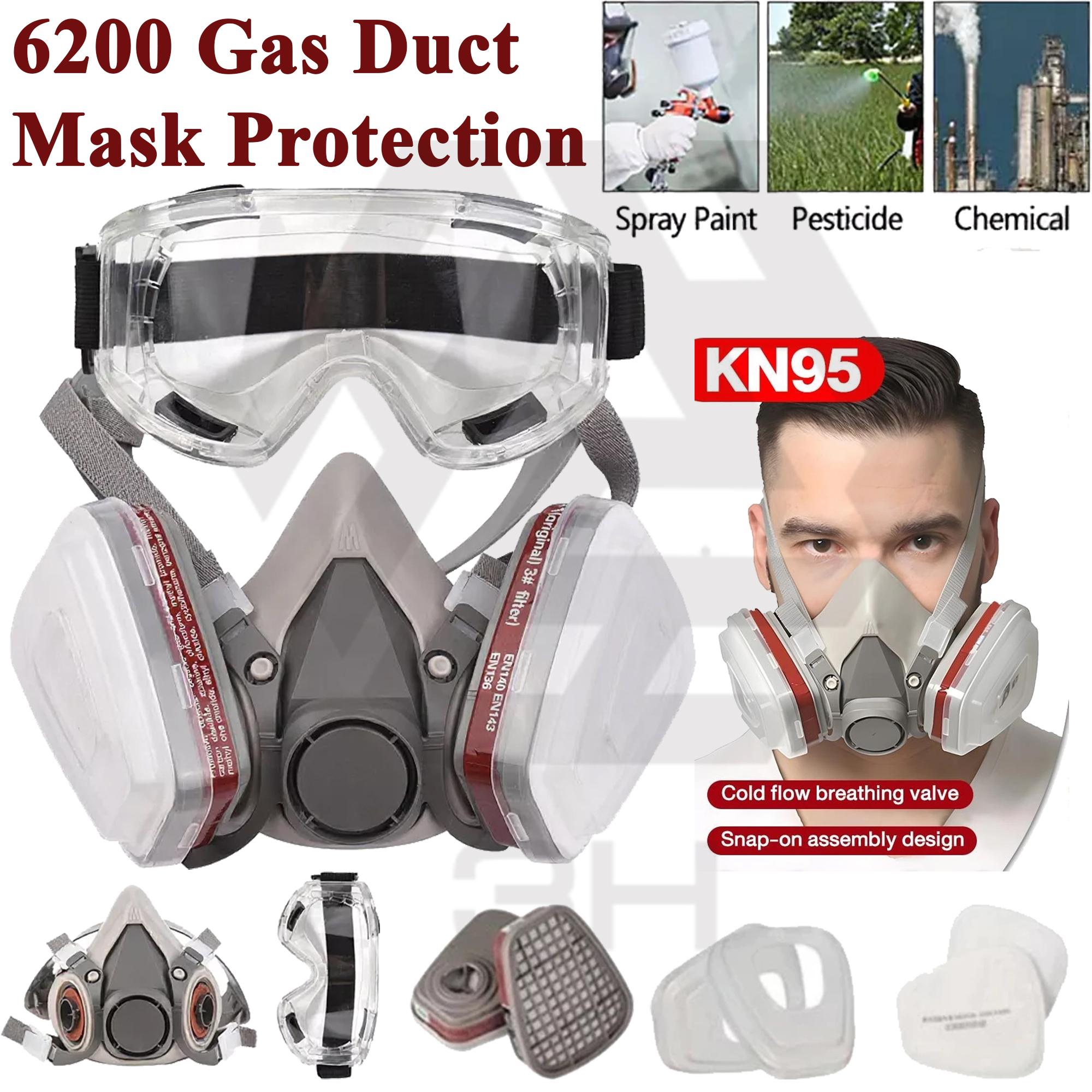3H 6200 Topeng Pernafasan Gas & Habuk KN95 – Perlindungan Cat & Wap ...
