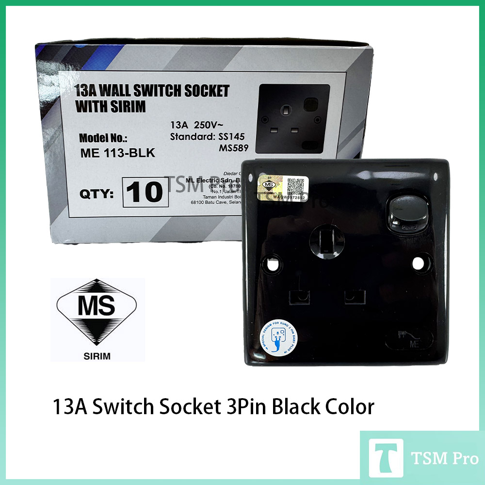 13A Switch Socket 3Pin Black Color SIRIM Approved with Easy 2 Pin Plug ...
