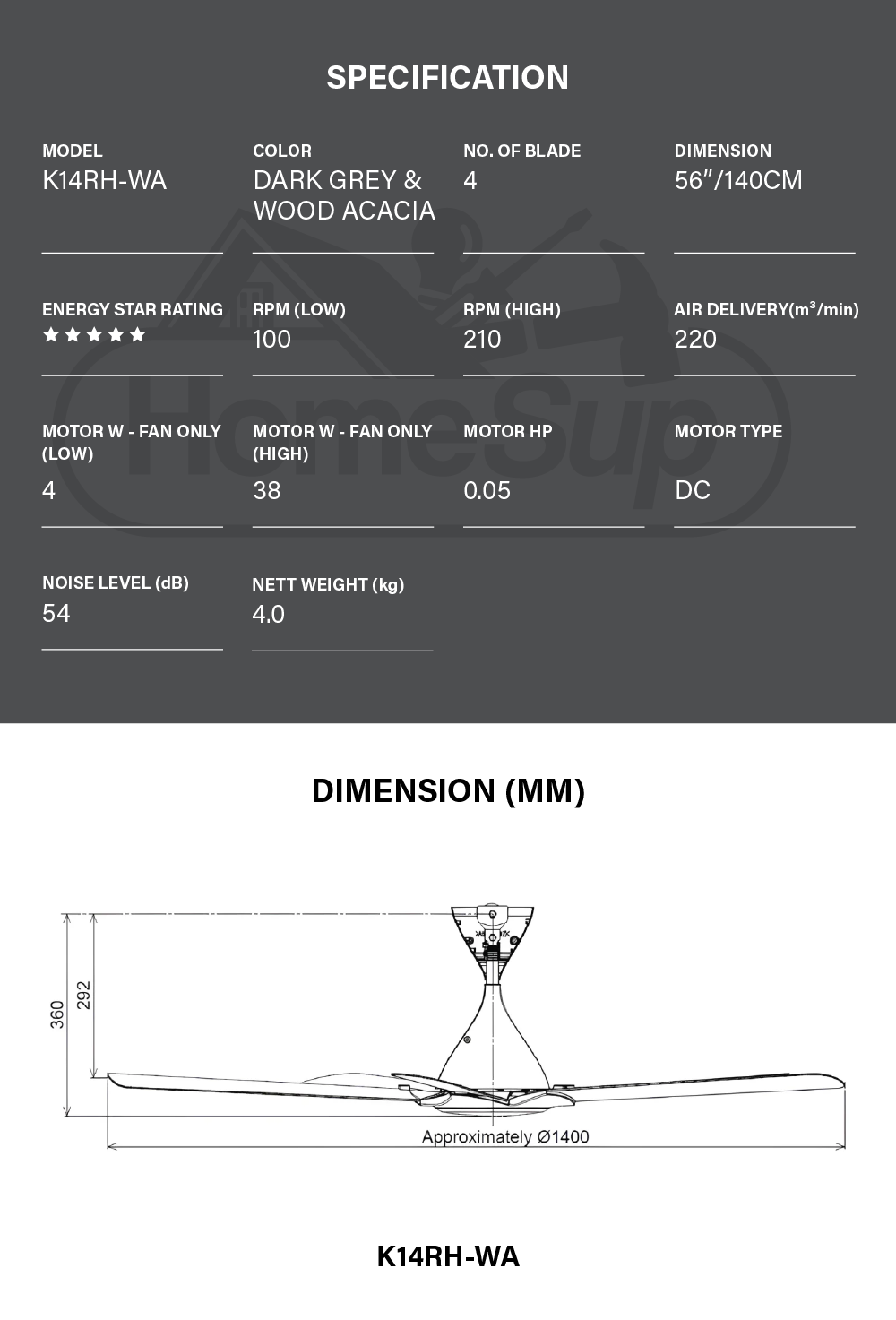 KDK K14rh-wa Ceiling Fan – 56 Inch, Dc Motor, Dark Grey & Wood Acacia ...