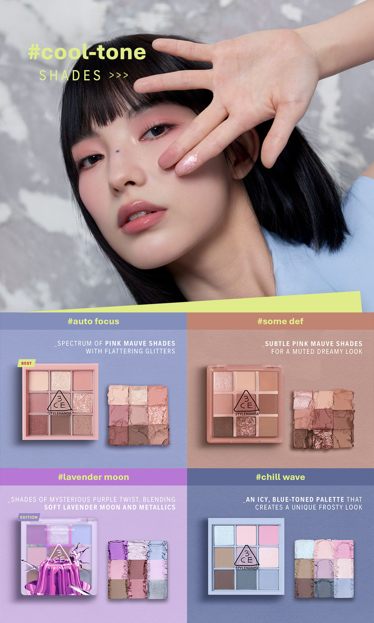 3CE Multi Eye Color Palette, 9 matte, shimmer, glitter shades smooth ...
