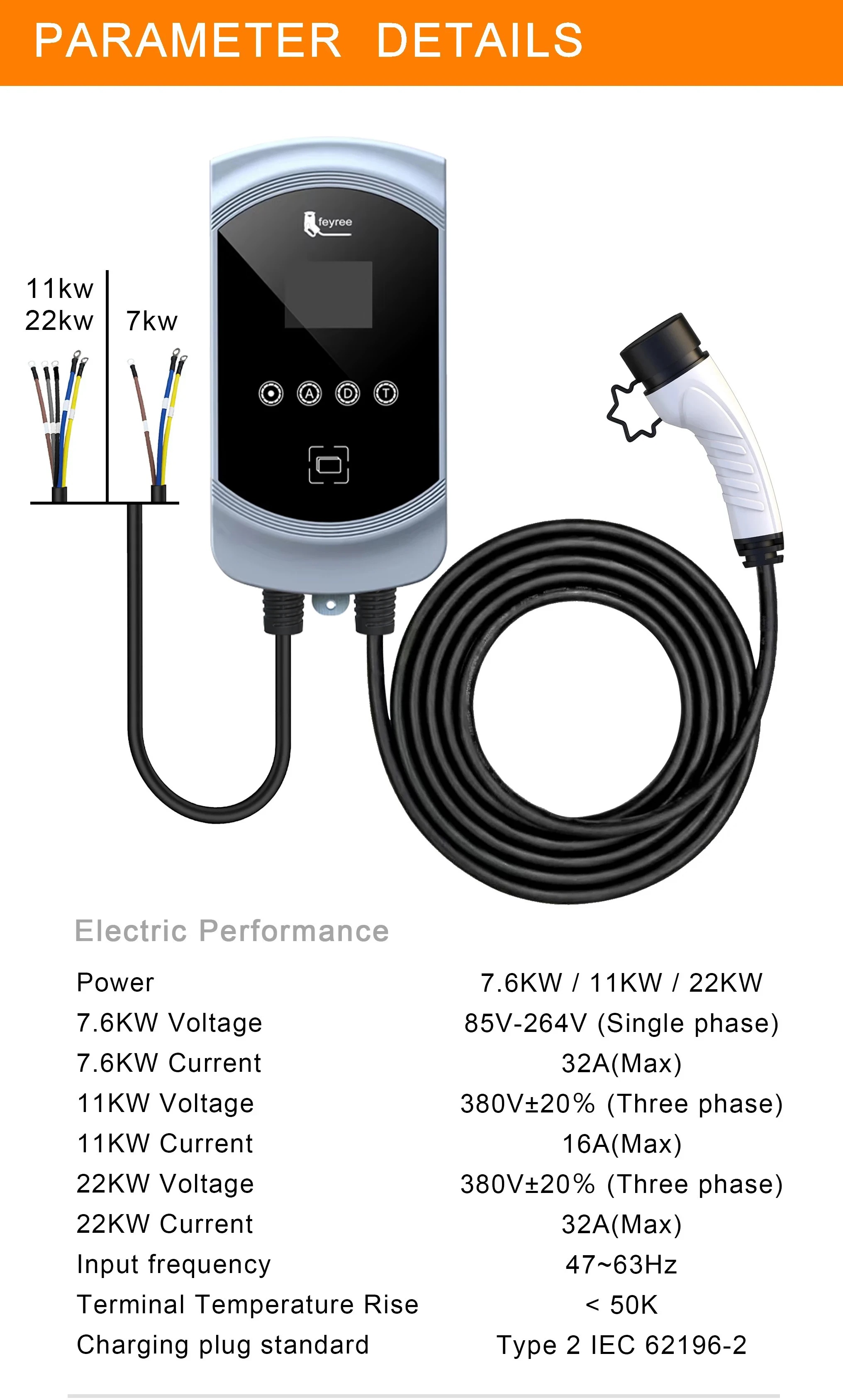 （Per-Order）Feyree Wallbox EV Charger 7kW 11kW 22kW 5 meter Length 2.8 ...