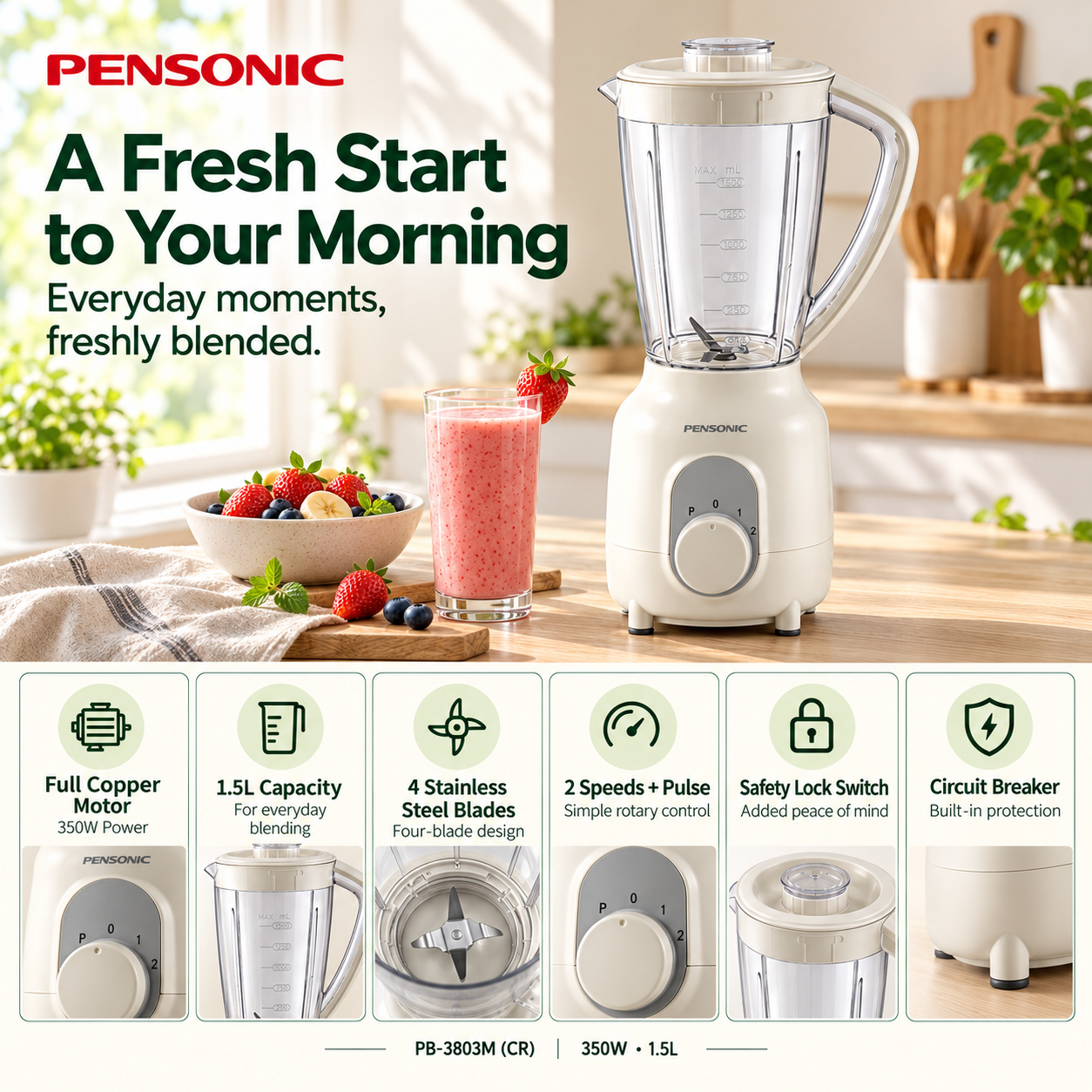 PENSONIC PB-3803M Blender with Mill 1.5L 350W Full Copper Motor | 2 ...