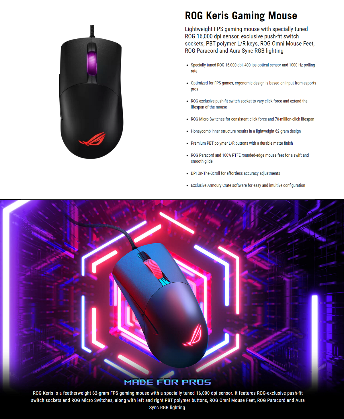 ASUS ROG KERIS P509 WIRED GAMING MOUSE WITH 16,000 DPI SENSOR, 400 IPS ...