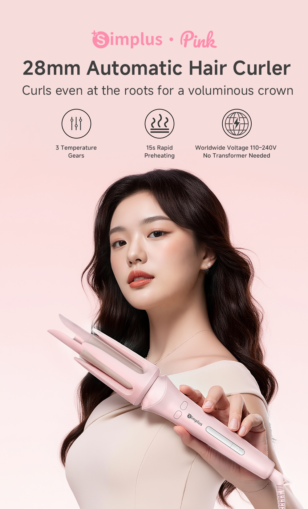 【Simplus Pink】28mm Automatic Hair Curler丨Egg Roll Style丨3 Temperature丨 ...