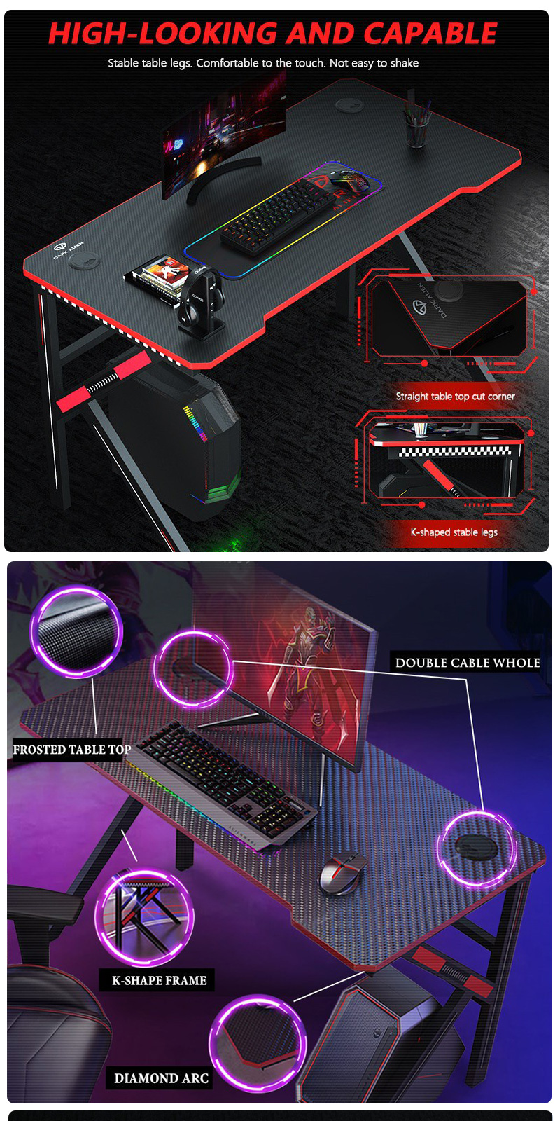 K-Shaped Leg Reinforcement Gaming Table Computer Desk PC Table Meja ...