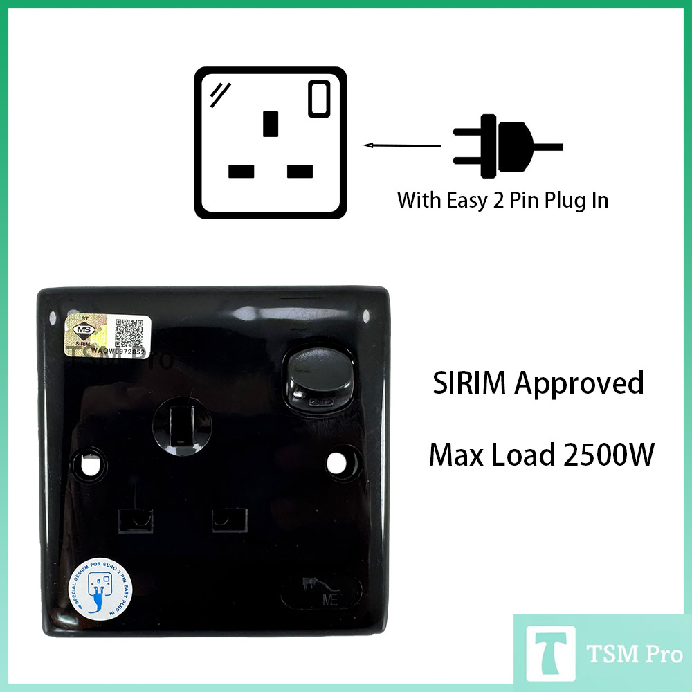 13A Switch Socket 3Pin Black Color SIRIM Approved with Easy 2 Pin Plug ...