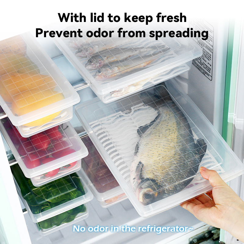 Freezer Storage Box with Lid Kitchen Rectangle Fish Meat Drain Tray ...
