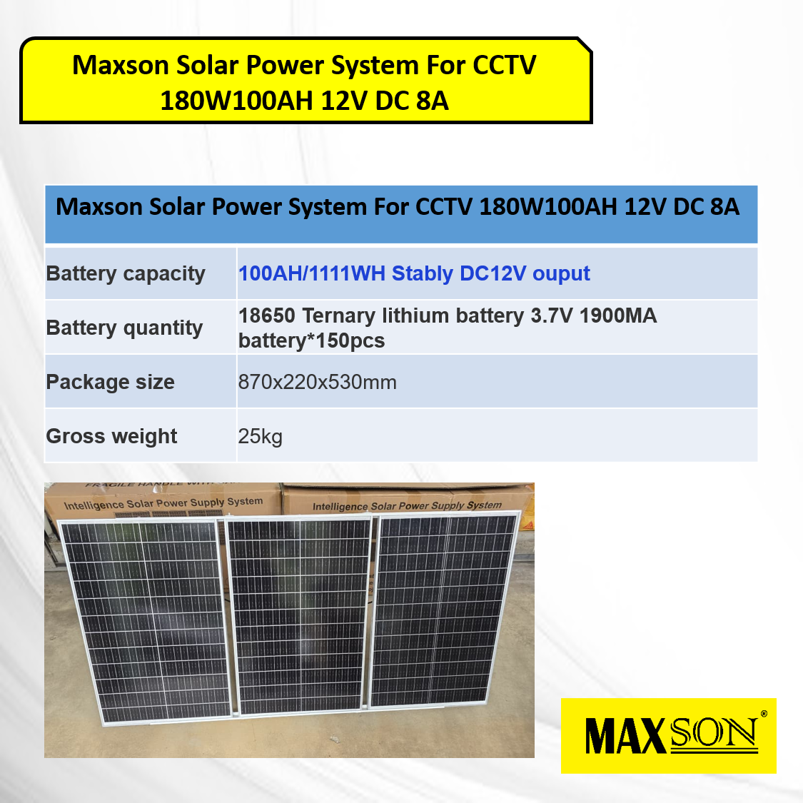 MAXSON Solar Power System For CCTV 180W100AH 12V DC 8A WITH BATTERY ...