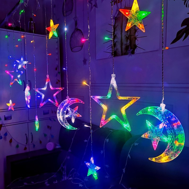 👍3Color Lampu raya 11Modes star&Moon 5M LED Fairy lights Outdoor light ...